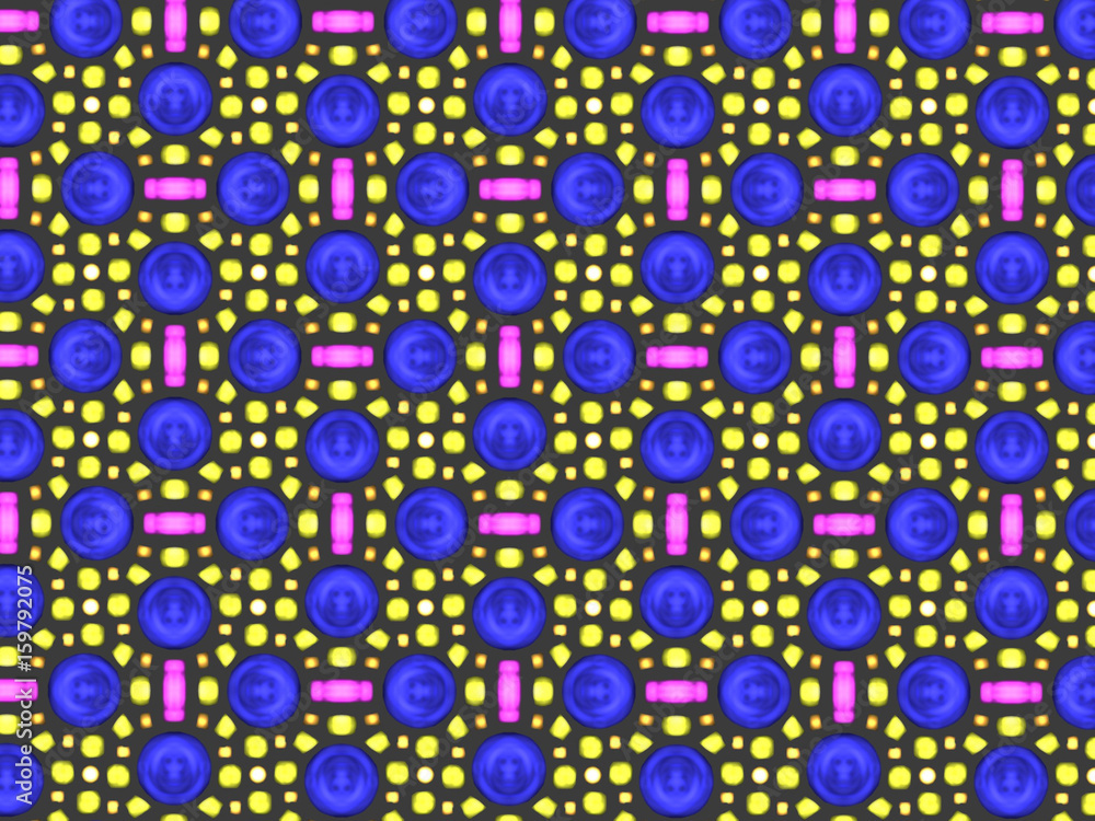 A hand drawing pattern made of blue, yellow and pink on a black background.