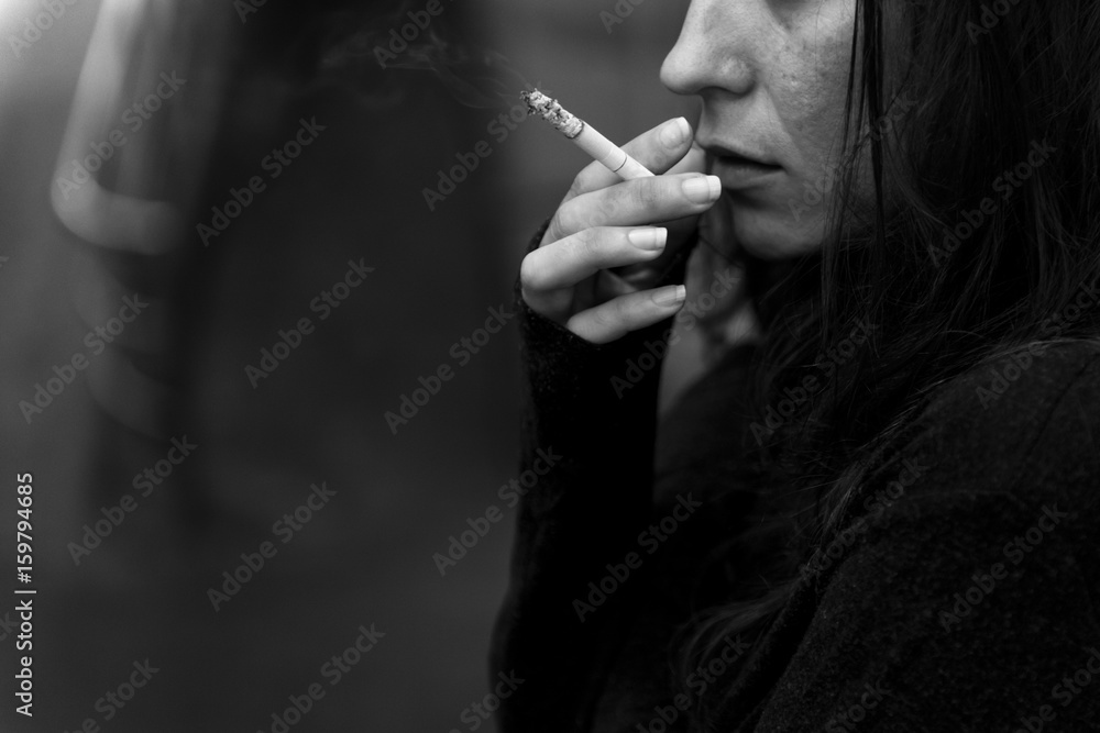 Fototapeta premium Homeless Adult Woman Smoking Cigarette Addiction