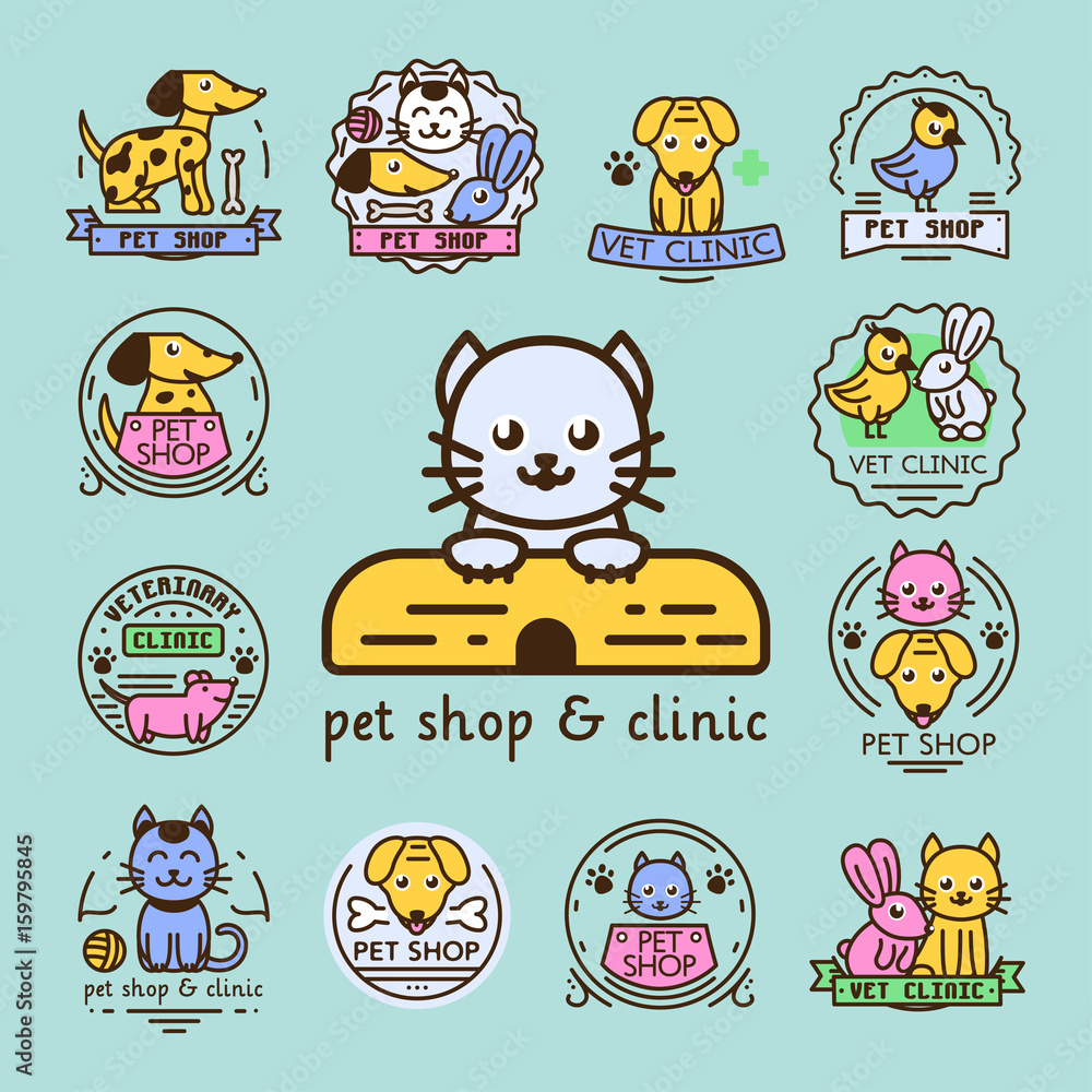 Pet badge vector graphic sticker set domestic insignia cat dog veterinary animal sticker illustration