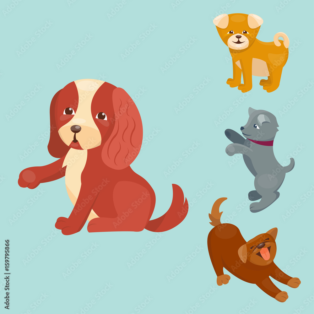 Fototapeta premium Vector illustration cute playing dogs characters funny purebred puppy comic happy mammal breed