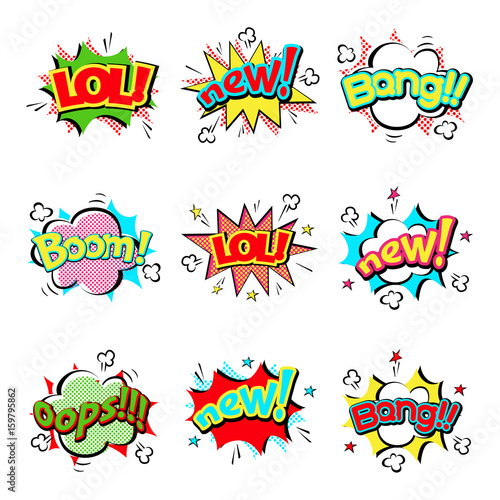 Pop art comic speech bubble boom effects vector explosion bang communication cloud fun humor illustration