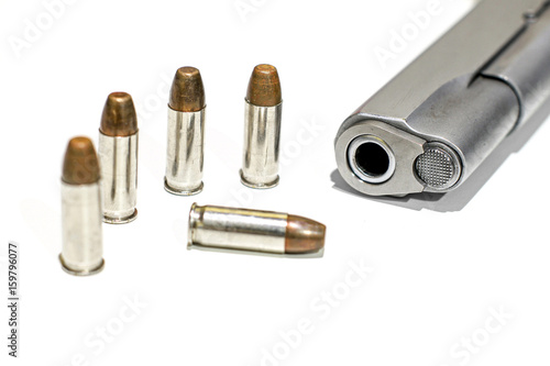 Automatic white gun stainless steel pistol weapon model m1911 with real bullet ammo head in white background