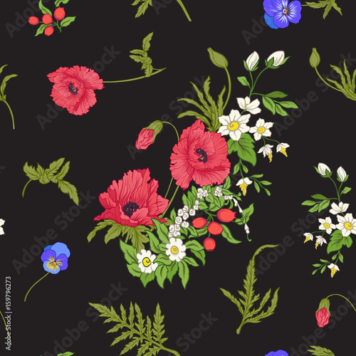 Fototapeta Naklejka Na Ścianę i Meble -  Seamless pattern with poppy flowers, daffodils, anemones, violet