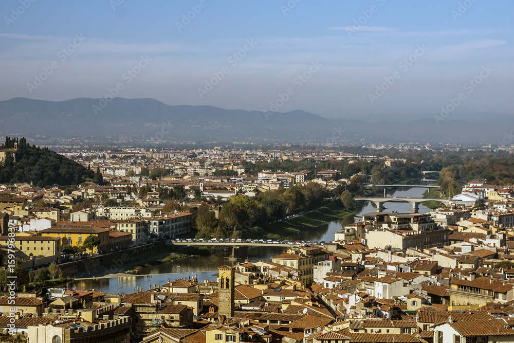 Panoramic view of Florence and the Arno river. Italy, Europe
