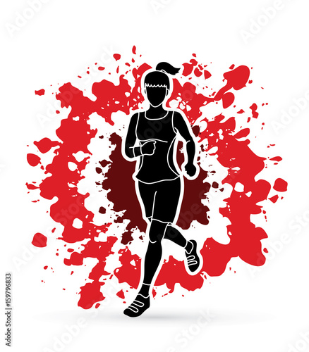 Running woman, sport woman sprinter, marathon runner designed on splatter blood background graphic vector