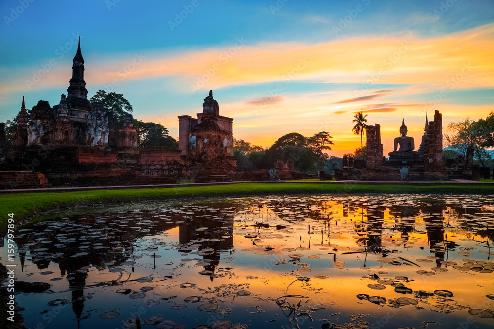 Wat Mahathat Temple at Sukhothai Historical Park, a UNESCO World Heritage Site in Thailand