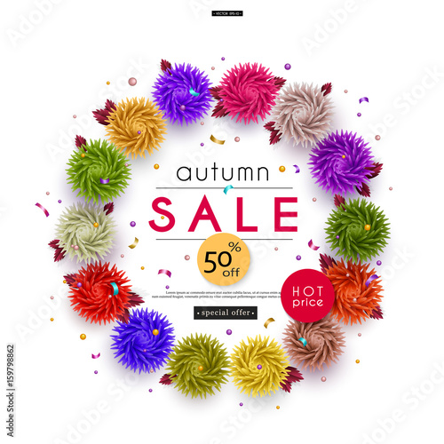 Autumn Sale. 3D stylized multicolored flowers with leaves. Abstract floral origami pattern. Circlet of flowers. Paper art. Vector illustration