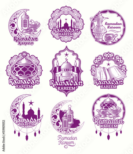 Set vector purple illustrations, sign for Ramadan Kareem with lantern, towers of mosque, crescent with arabic pattern isolated on white photo