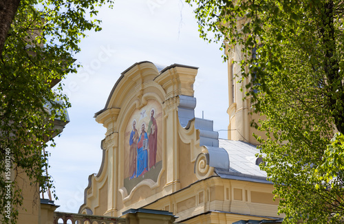 A fresco on the eastern facade of the Peter and Paul Cathedral The Apostles Peter and Paul before Christ, St. Petersburg, Russia photo