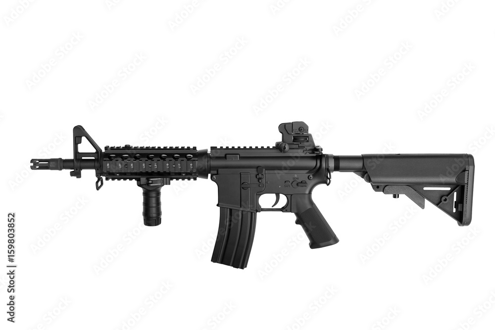 US Army weapon M4A1 carbine isolated on white background, Special forces rifle M4 with hand grip.