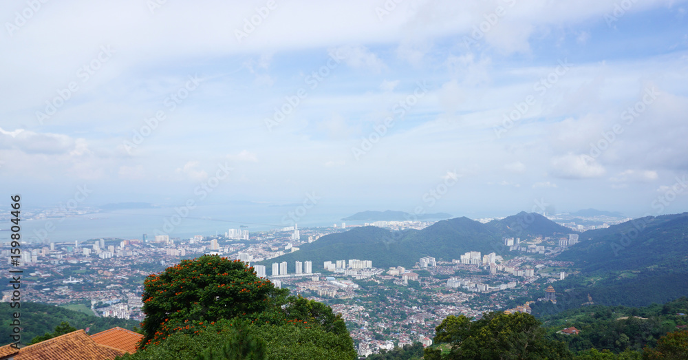 Arial view of Penang island from the top of Penang hills