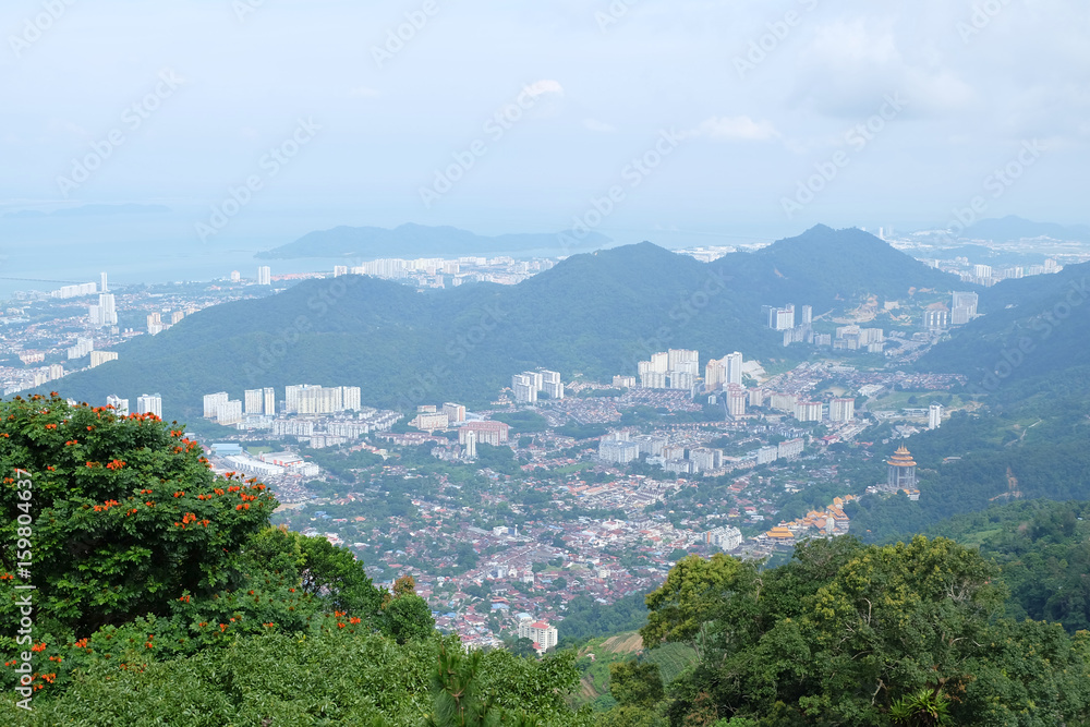 Arial view of Penang island from the top of Penang hills
