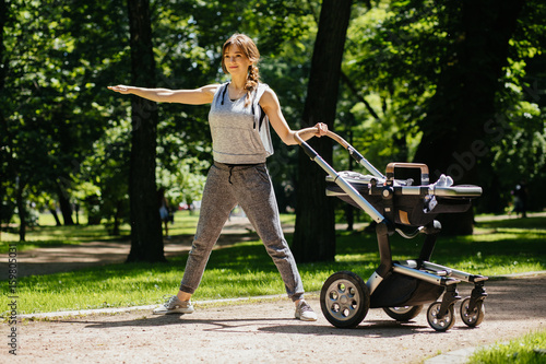 Series photo of happy sporty mother with baby pram workout and warming up bebore jogging in summer park. photo