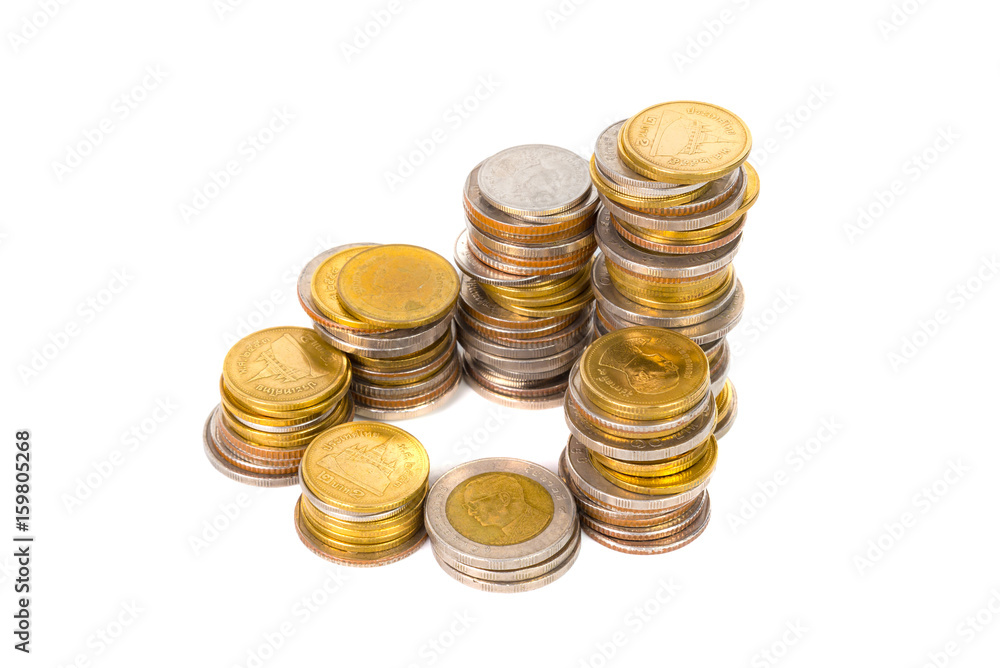 Columns of coins, piles of coins on white background Columns of coins, piles of coins on white background