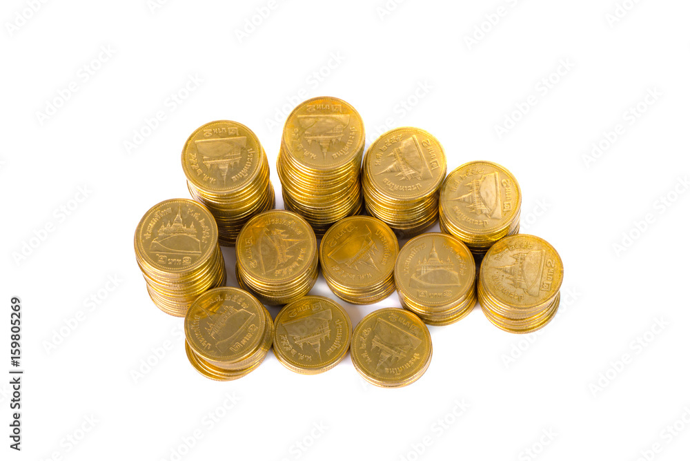 Columns of gold coins, piles of coins on white background Columns of gold coins, piles of coins on white background