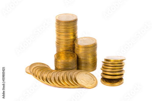 Columns of gold coins, piles of coins on white background