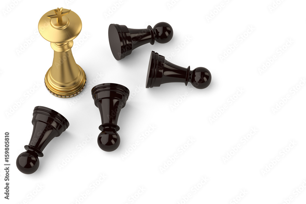 Luxury chess gold king and black pawns on white background.3D illustration. Luxury chess gold king and black pawns on white background.3D illustration.