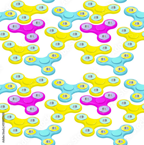 Fidget spinner seamless pattern or background with isometric colorful 3d icons of modern rotating toys vector illustration