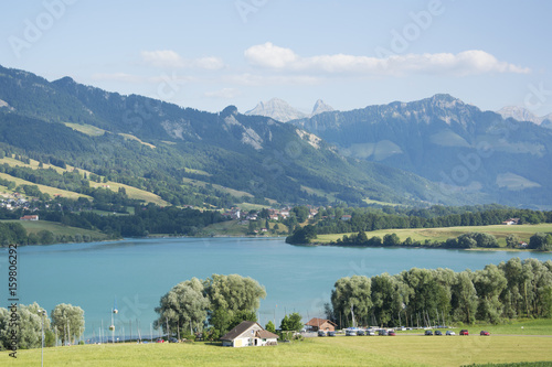 A View of Lac de la Gruyère (Lake of Gruyère) in Switzerland on a Summer Day