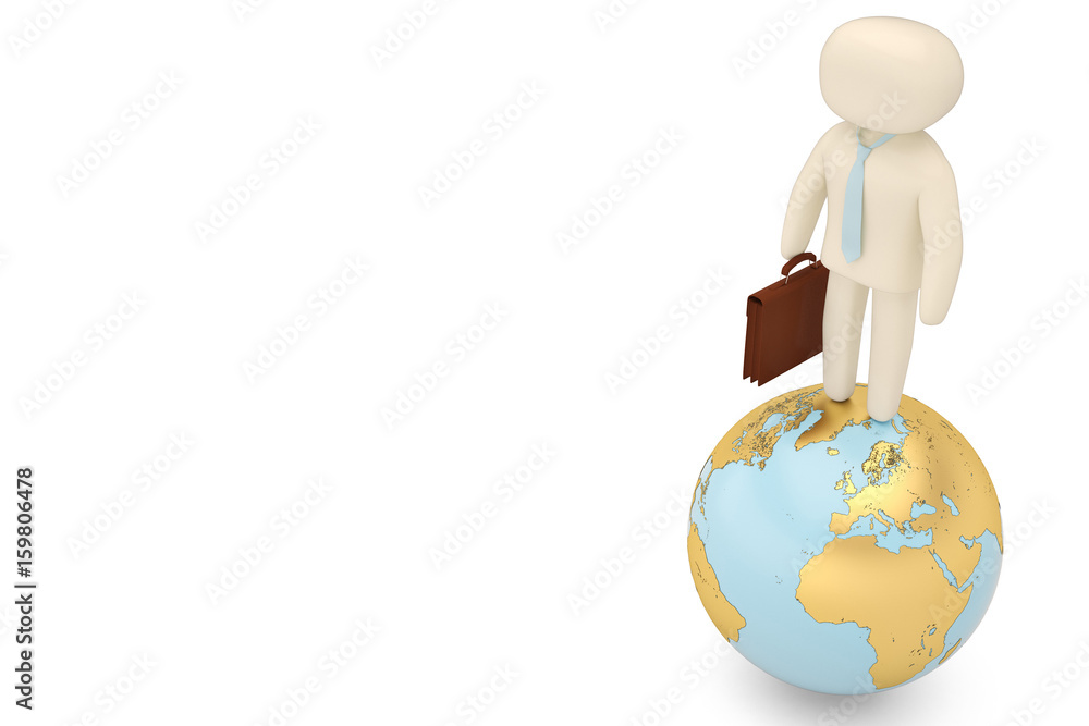 Businessman character and gold globe on white background 3d illustration. Businessman character and gold globe on white background 3d illustration.