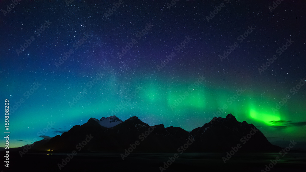 Vestrahorn mountain with Aurora borealis, Iceland
