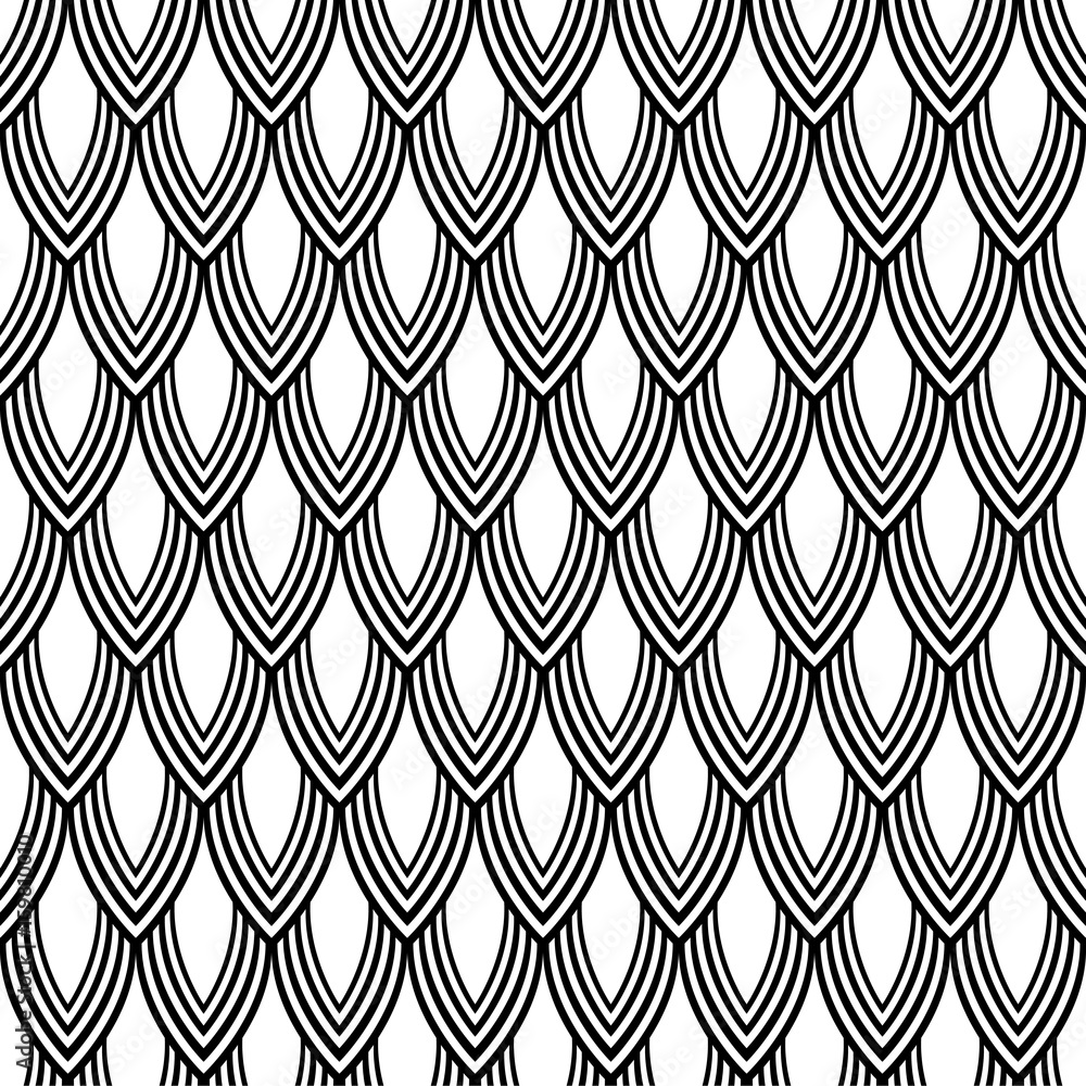 Abstract seamless pattern of leaves, scales. Texture, black on white background. Vector illustration.