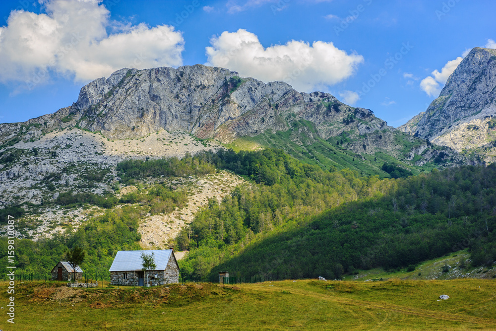 View of family farm on countryside near Rikavacko lake in Komovi mountains, Montenegro