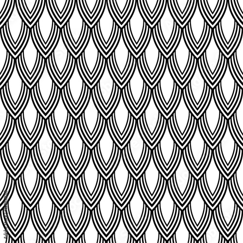 Abstract seamless pattern of leaves, scales. Texture, black on white background. Vector illustration.
