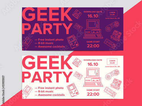 Geek party poster with electronic gadgets from 90s on trendy background. Hipster night club event flyer ad layout with retro and vintage tech devices. Nightclub music invitation banner template.