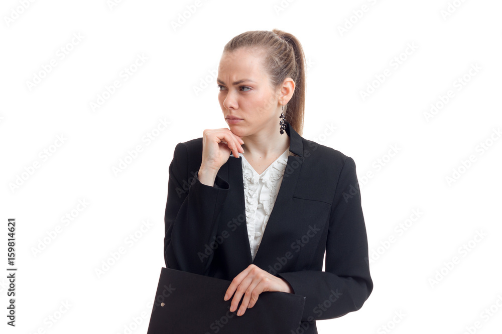 horizontal portrait of beautiful business woman in black suit is isolated on a white background horizontal portrait of beautiful business woman in black suit is isolated on a white background
