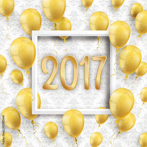 2017 Golden Balloons White Frame Ornaments Wallpaper