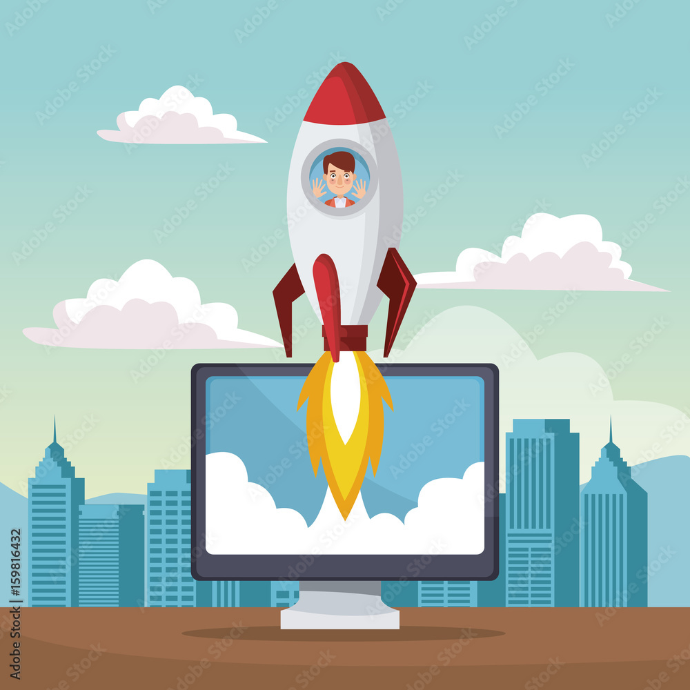 city landscape background star up business man inside to rocket on display computer vector illustration city landscape background star up business man inside to rocket on display computer vector illustration