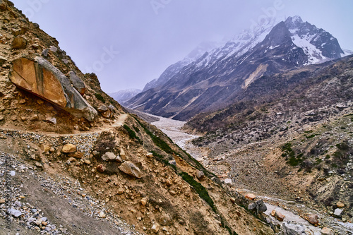 Valley and Mountains View in Himalaya. Gaumukh glacier, Gangotri, Uttarakhand, India.