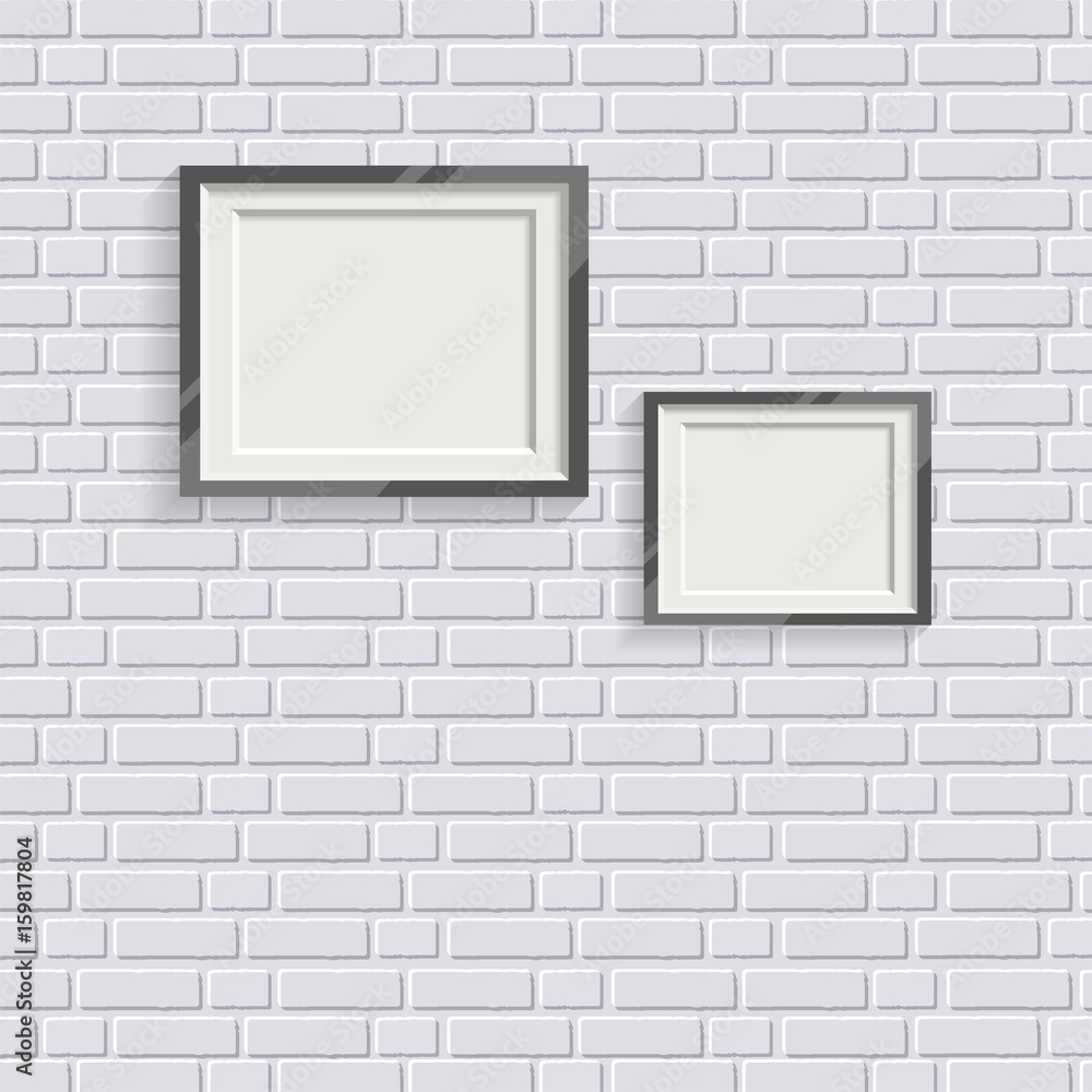 White realistic picture frame on white painted brick wall seamless pattern vector background. Modern photo frame and text to your design projects. Layered vector EPS 10 available. White realistic picture frame on white painted brick wall seamless pattern vector background. Modern photo frame and text to your design projects. Layered vector EPS 10 available.