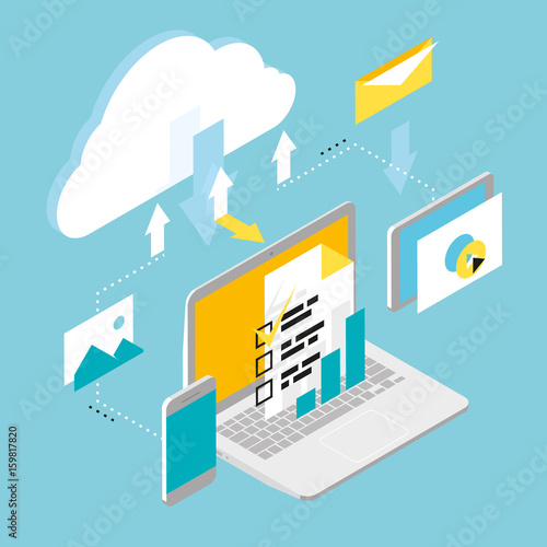 Isometric wireless mobile devices, computer, cloud computing, work with documents and data