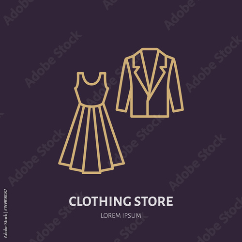 Wedding dress, men suit icon, clothing shop line logo. Flat sign for apparel collection. Logotype for laundry, dry cleaning.