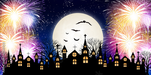 ハロウィン　花火　教会　背景
