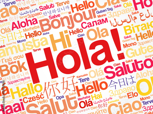 Hola (Hello Greeting in Spanish) word cloud in different languages of the world, background concept