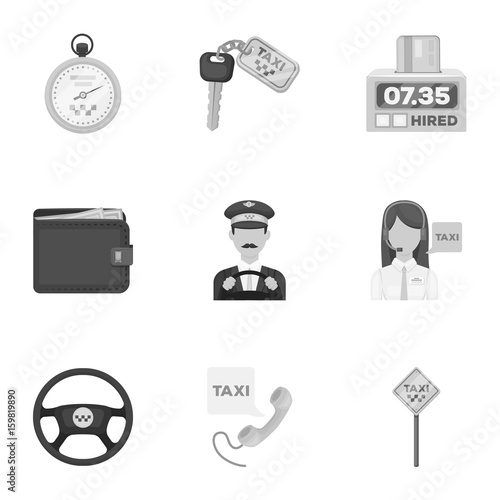 Set of icons about the taxi. A call taxi driver, Parking. Transportation around the city.Taxi icon in set collection on monochrome style vector symbol stock illustration.
