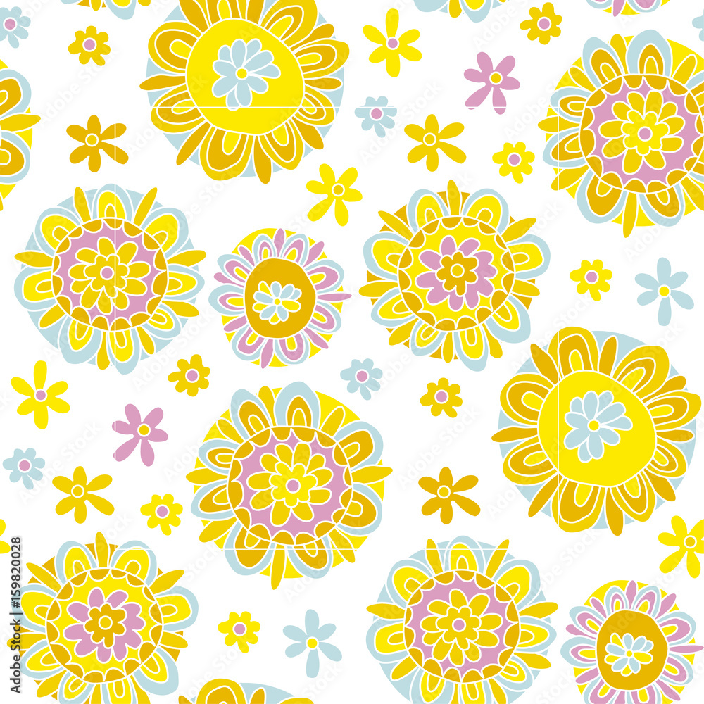 Concept decorative Marigold flower 60s style background. floral vector seamless pattern for surface design, fabric, wrapping paper. Concept decorative Marigold flower 60s style background. floral vector seamless pattern for surface design, fabric, wrapping paper.