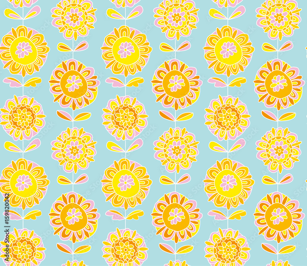 Fototapeta premium Concept decorative Marigold flower 60s style background. vector seamless pattern for surface design, fabric, wrapping paper.