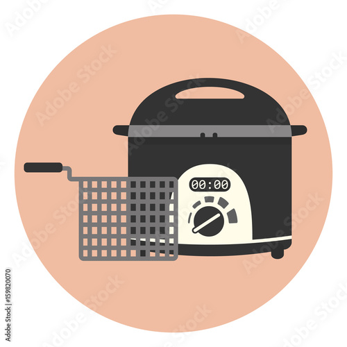Flat vector electric home fryer icon, chip pan, kitchen appliance, deep frying machine