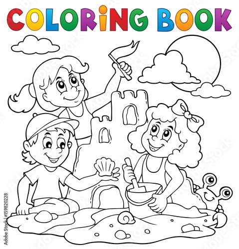 Coloring book children and sand castle