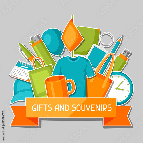 Advertising background with promotional gifts and souvenirs