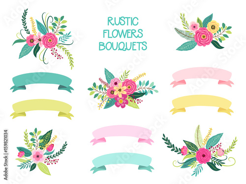 Cute vintage elements as rustic hand drawn first spring flowers bouquets