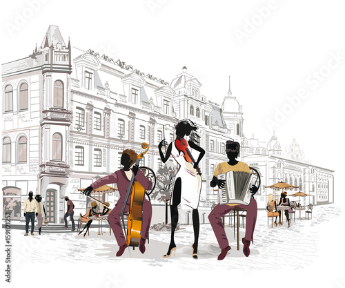 Series of street views in the old city. Street musicians and dancers. Hand drawn vector architectural background with historic buildings. 