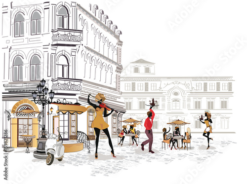 Series of street views in the old city. Street musicians and dancers.  Hand drawn vector architectural background with historic buildings. 
