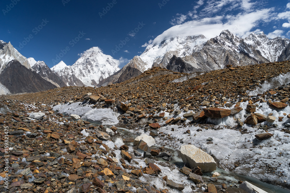 Fototapeta premium K2 mountain with clouds on top and Baltoro glacier, K2 trek, Pakistan