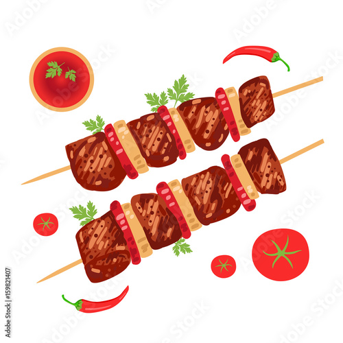 Shish kebab on skewers with onions and tomatoes. Vector illustration.