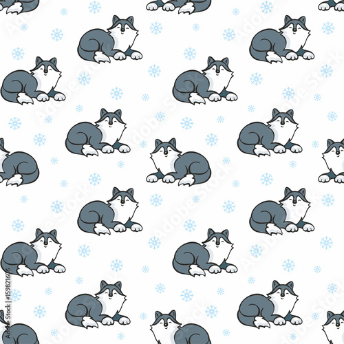 Children's seamless pattern in cartoon style with cute husky dogs. Vector background.